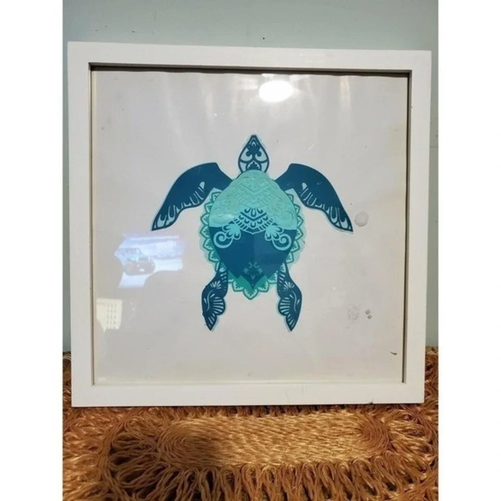 Coastal Sea Life Art Set of 3 Framed Dolphin Turtle Seahorse Teal Beach Decor
